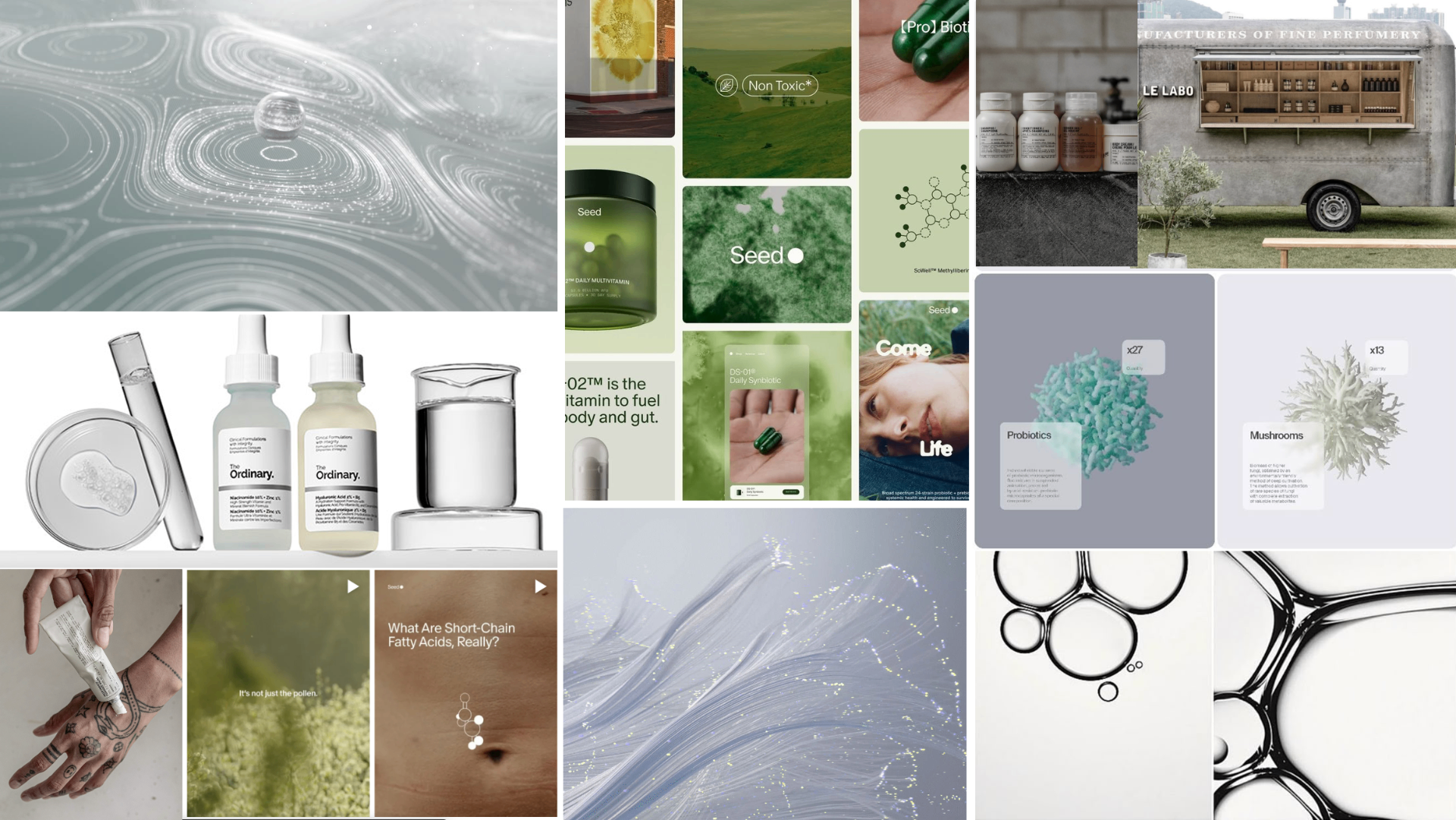 Moodboard de referências visuais — Seed, Le Labo, The Ordinary, Magic Mind, Athletic Greens